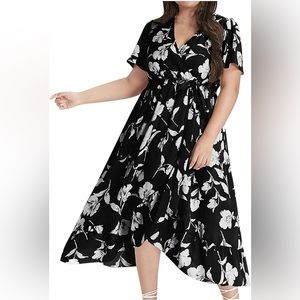 BloomChic Floral Faux Ruffle Wrap Hi Lo Dress- black & white size 14